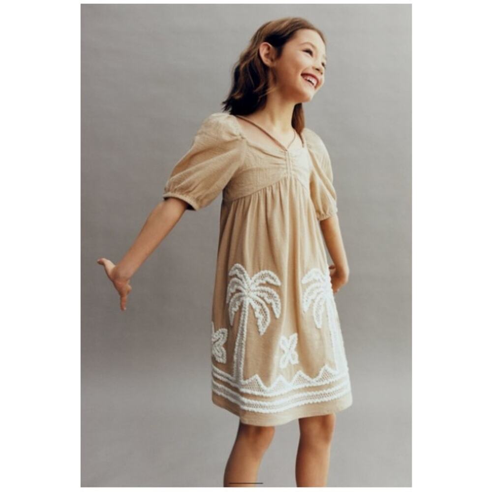Zara Girl Palm Tree Embroidery Dress in TAN/WHITE (7)